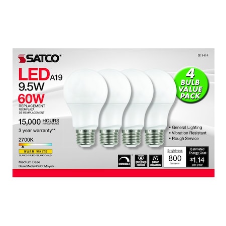 Satco Satco A19 E26 (Medium) LED Bulb Warm White 60 Watt Equivalence 4 pk S11414